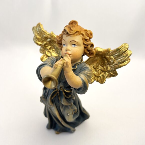 European Hand-Carved Wooden Angel Vintage Figurine Blue Robe Gold Wings 5 ¾” - Picture 3 of 9